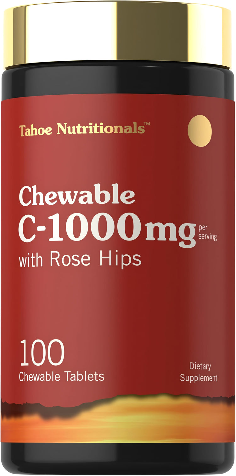 Tahoe Nutritionals Chewable C-1000mg tablets with Rose Hips, 100 count, vitamin supplement.