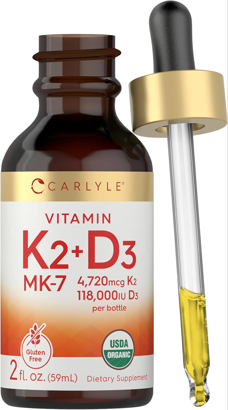 Carlyle K2+D3 MK-7 liquid, 2 fl. oz. (59mL), with 4,720mcg K2 and 118,000IU D3. Gluten Free and USDA Organic.