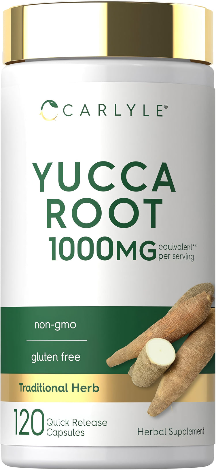 Carlyle Yucca Root 1000mg equivalent, 120 quick release capsules, non-GMO, gluten-free supplement.
