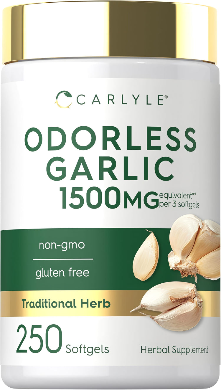 Odorless Garlic 1500MG equivalent per 3 softgels, 250 softgels. Non-GMO, gluten-free, traditional herb, herbal supplement.