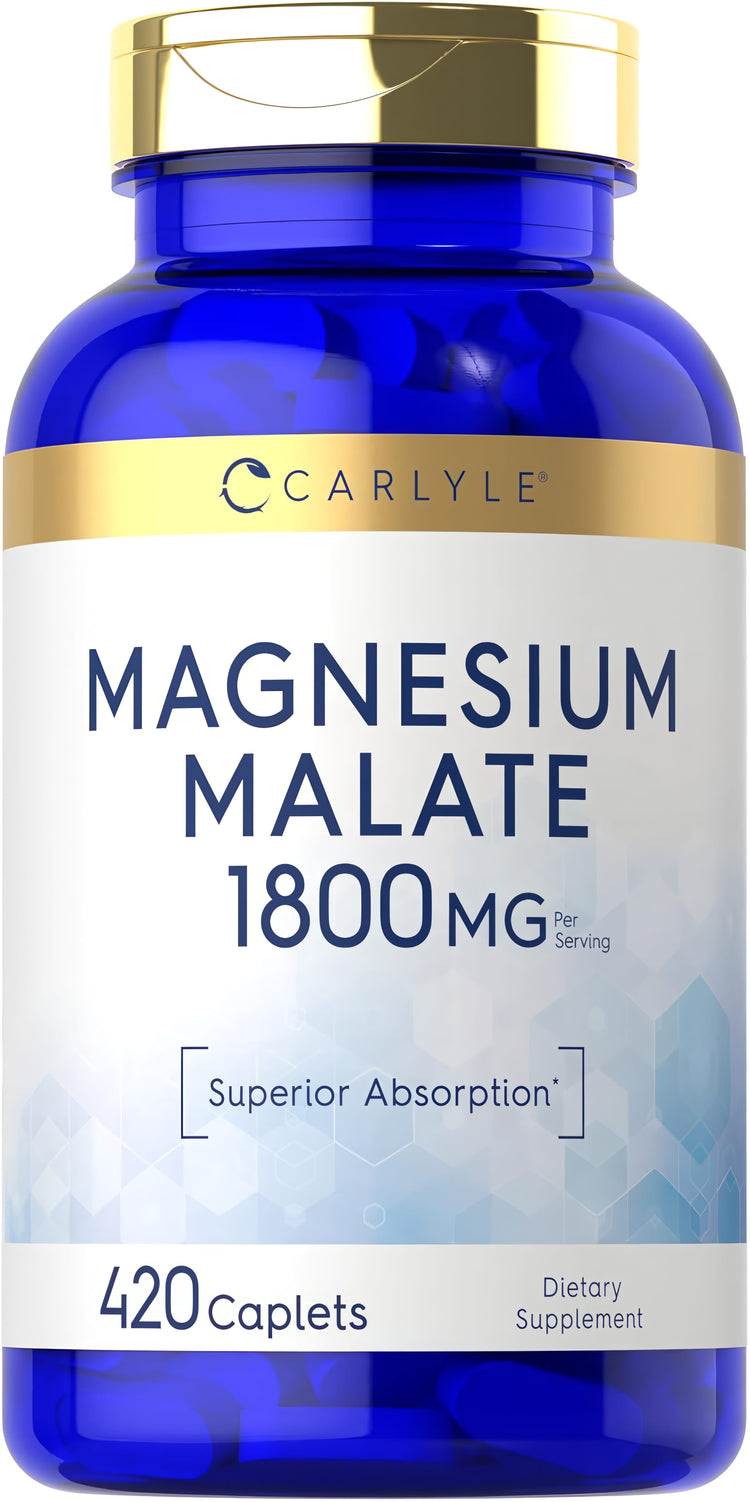 Bottle of Magnesium Malate with 1800 MG per serving, containing 420 caplets.
