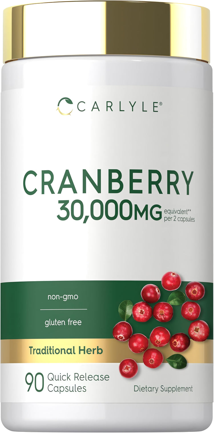 Carlyle Cranberry 30,000mg equivalent per two capsules, 90 Quick Release Capsules. Non-GMO and Gluten Free.