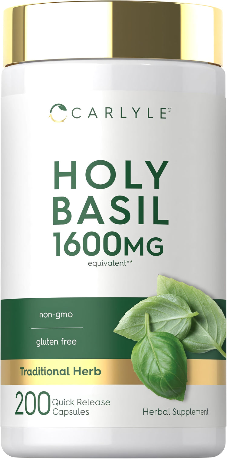 Carlyle Holy Basil capsules, 1600 mg, 200 count, non-GMO and gluten-free. Quick release formula.