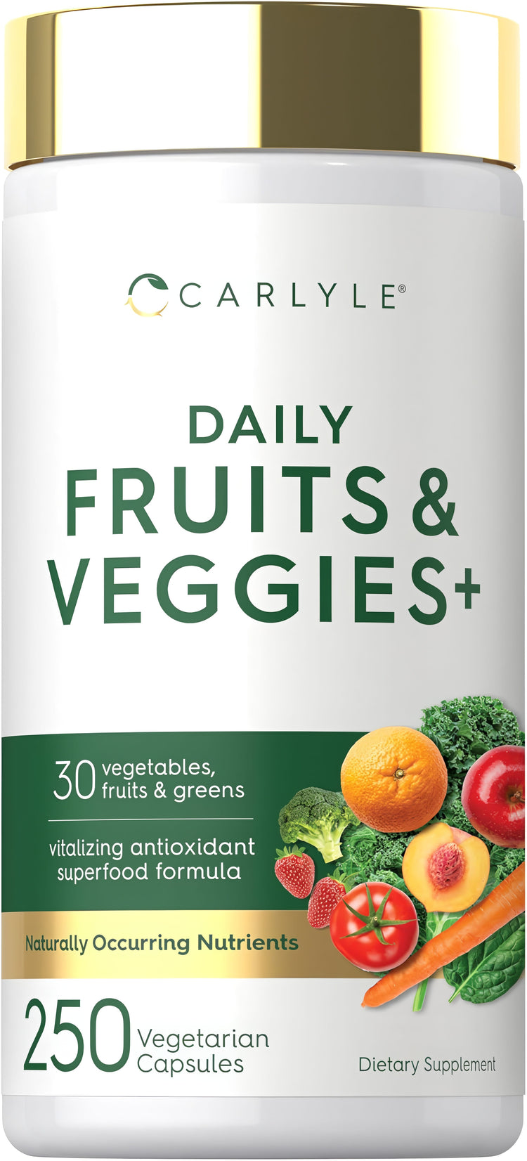 CARLYLE Daily Fruits & Veggies+ with 30 vegetables, fruits, and greens in 250 vegetarian capsules.