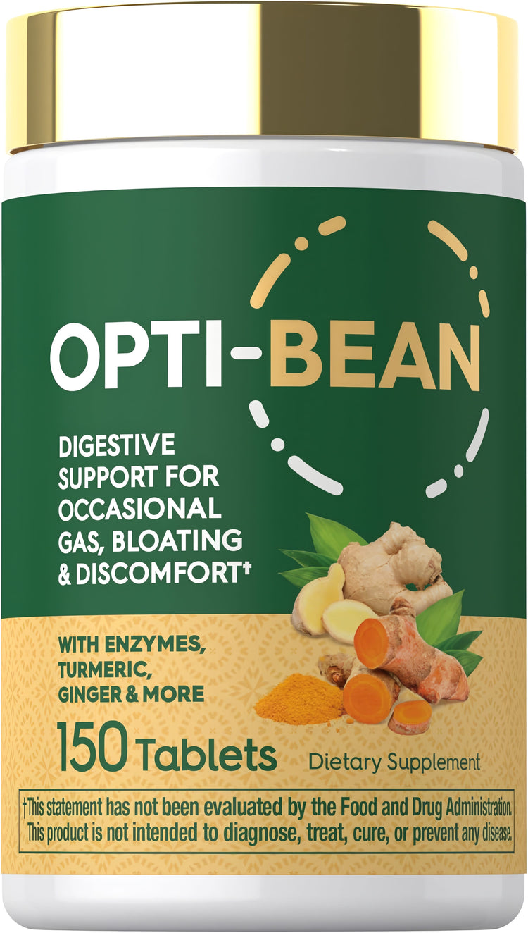 Opti-Bean 150 Tablets for digestive support, occasional gas, bloating, and discomfort, featuring enzymes, turmeric, ginger.