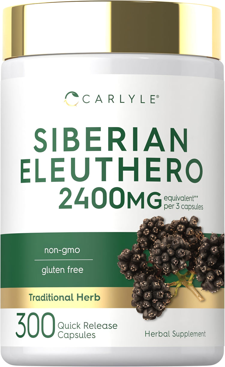 Siberian Eleuthero 2400 MG per 3 capsules, 300 Quick Release Capsules. Non-GMO and gluten-free herbal supplement.