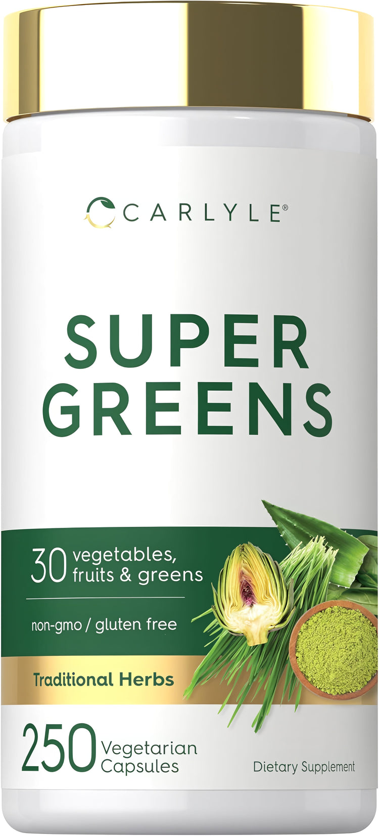 Carlyle Super Greens 250 Vegetarian Capsules, a non-GMO and gluten-free dietary supplement.
