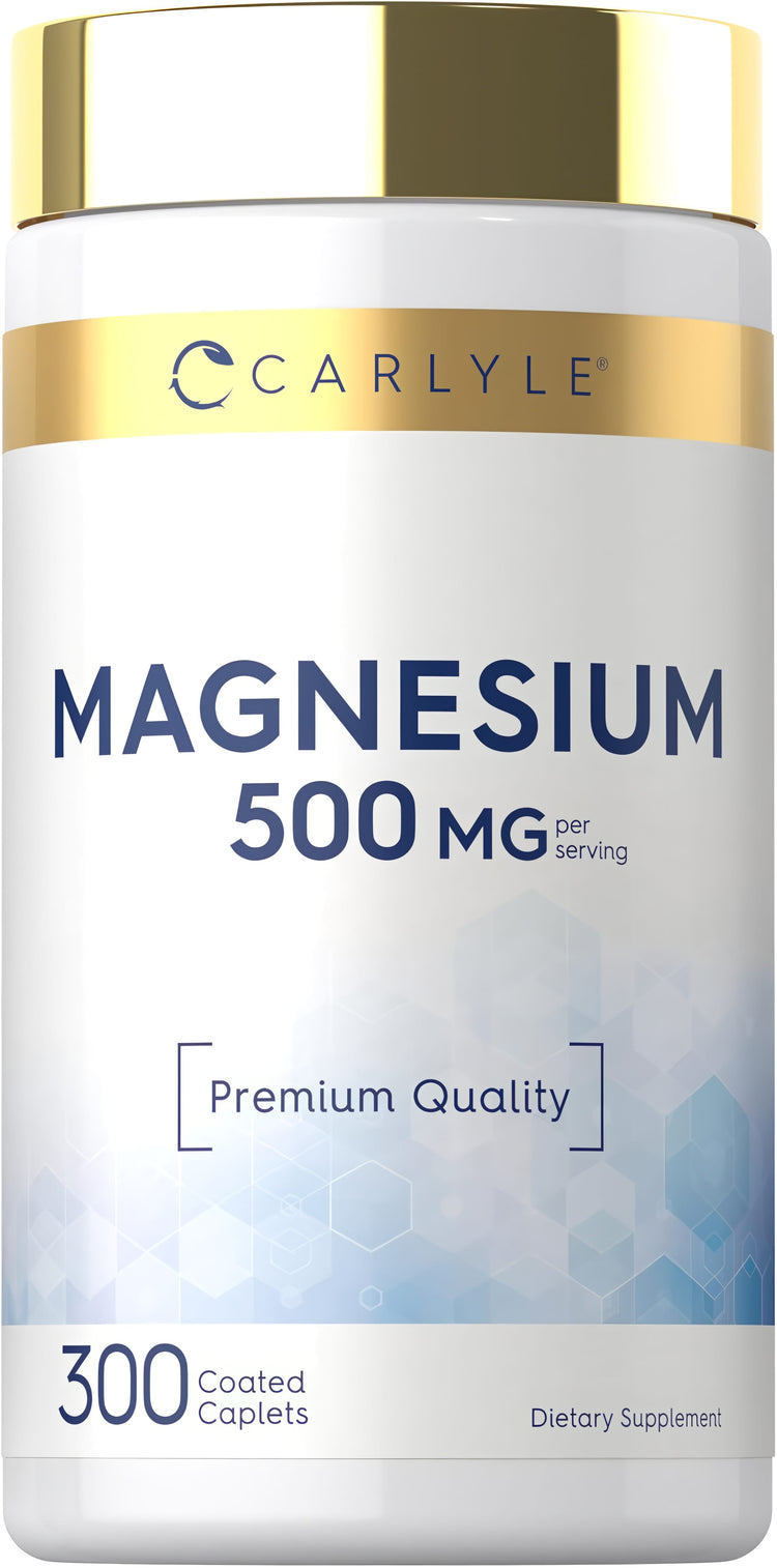 Carlyle Magnesium 500 MG per serving, 300 coated caplets. Premium quality dietary supplement.