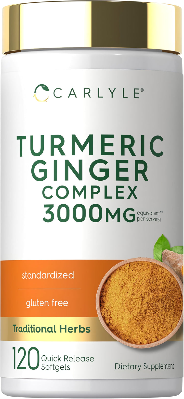 Turmeric Ginger Complex 3000mg per serving, gluten-free, 120 quick-release softgels.