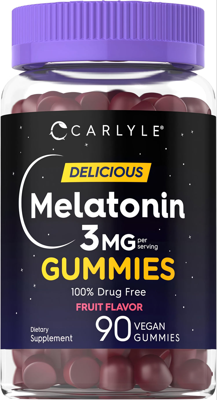 Carlyle DELICIOUS Melatonin 3MG GUMMIES, 100% drug free, fruit flavor, dietary supplement, 90 vegan gummies.