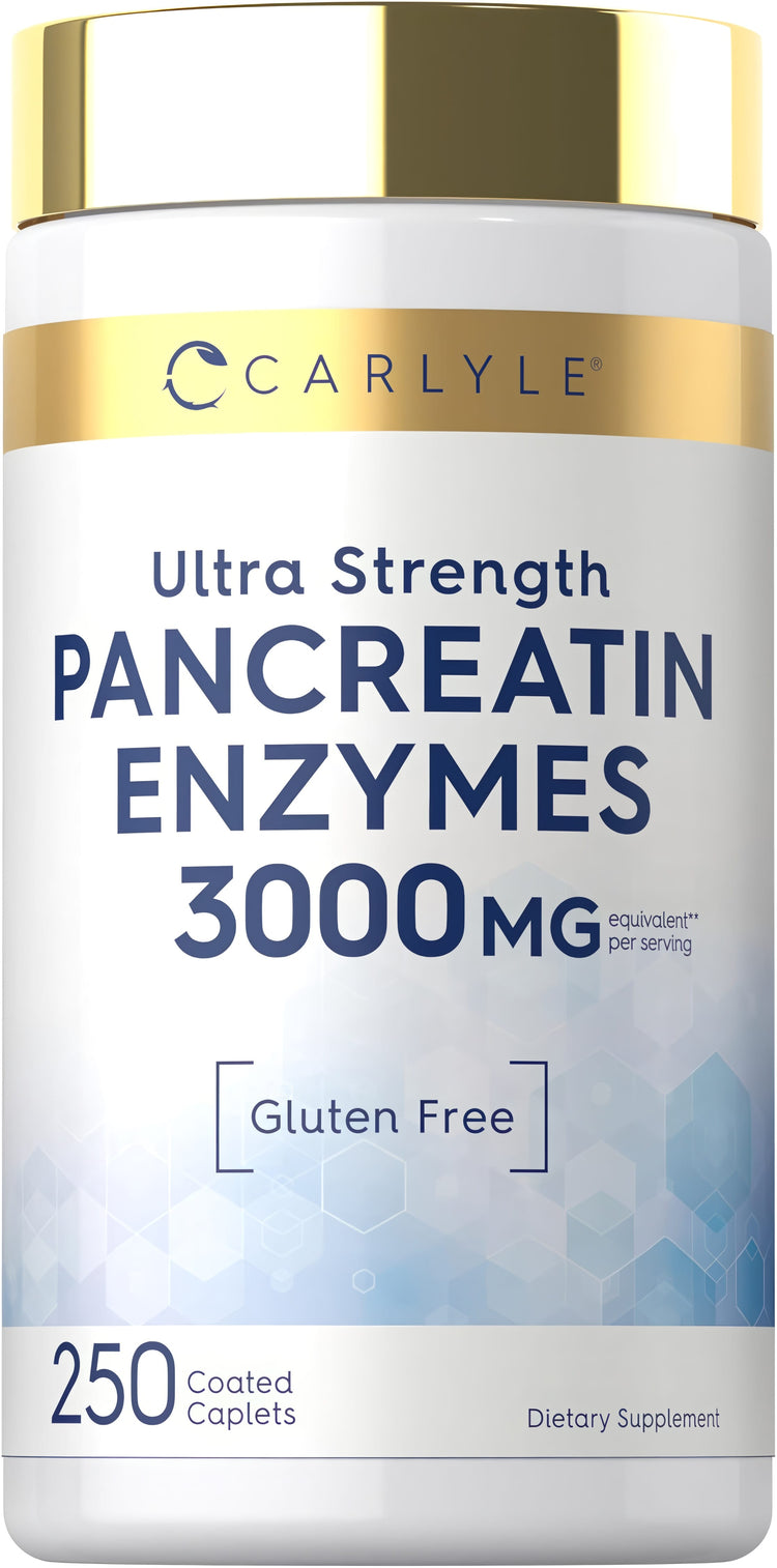 Carlyle Ultra Strength Pancreatin Enzymes 3000 MG per serving, 250 Coated Caplets. Gluten-free dietary supplement.
