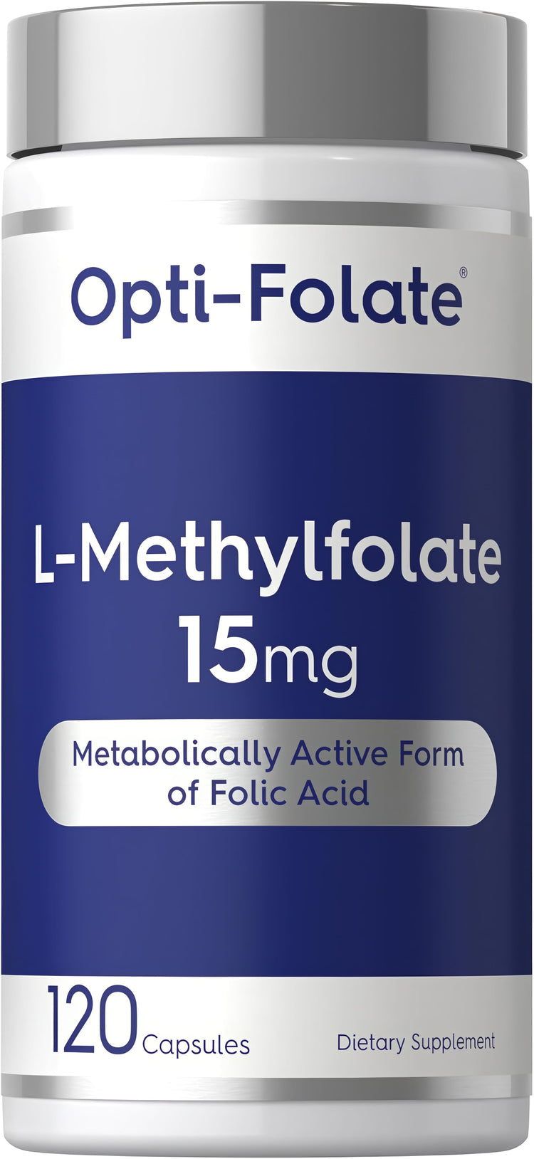 Opti-Folate L-Methylfolate 15mg 120 Capsules, a metabolically active form of folic acid, dietary supplement.
