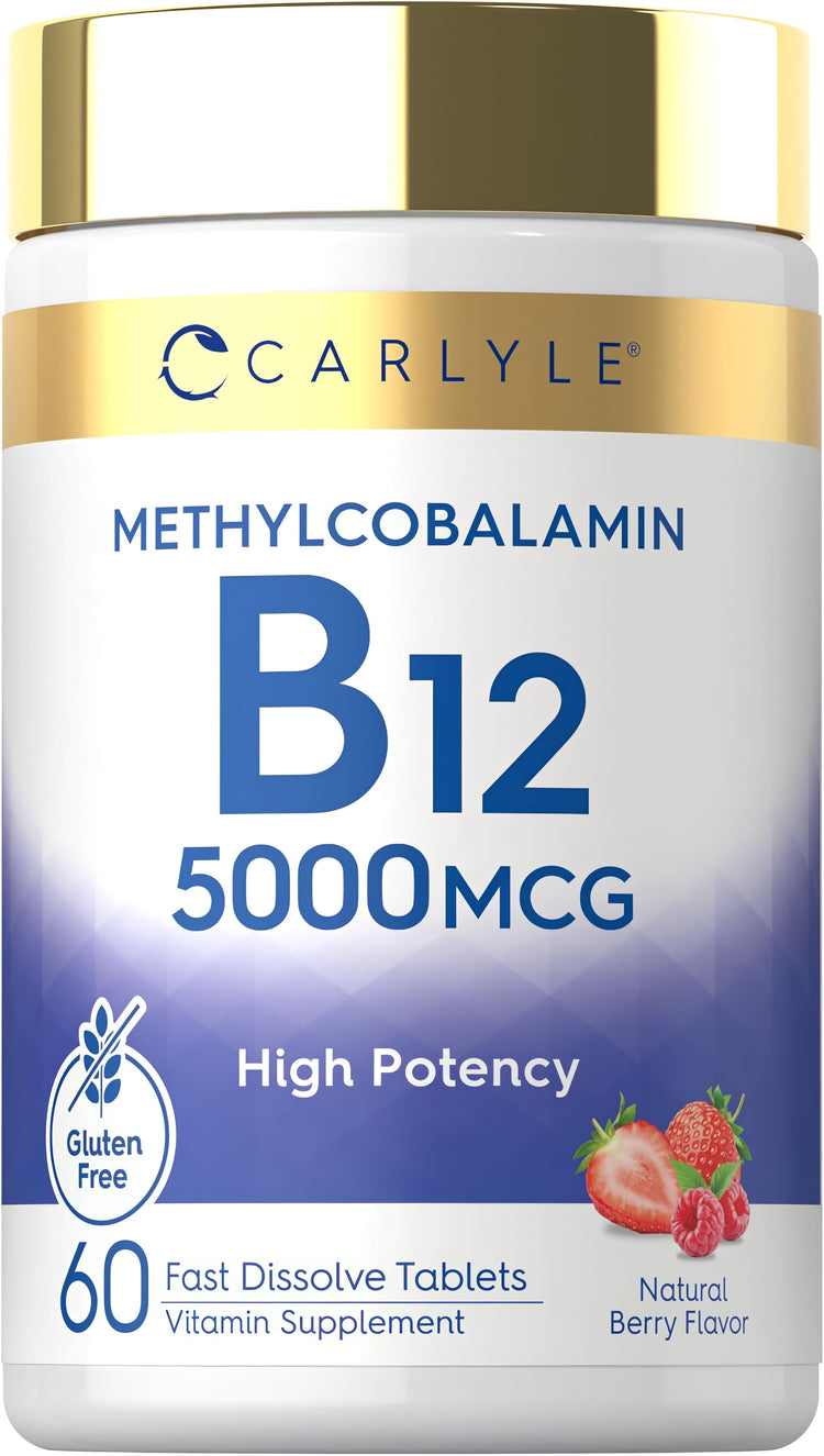 Methylcobalamin B12 5000mcg, 60 fast dissolve tablets, natural berry flavor. High potency, gluten-free vitamin supplement.