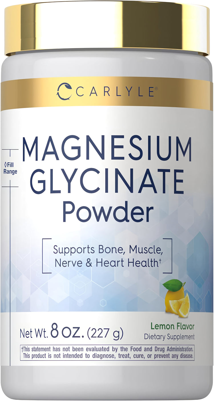 Magnesium Glycinate Powder, 8 OZ. (227 g), Lemon Flavor, Dietary Supplement. Supports bone, muscle, nerve, and heart health.