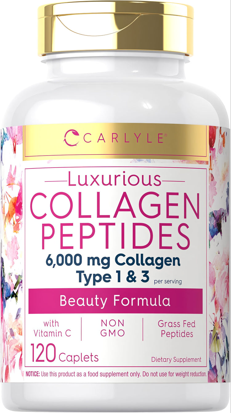 Luxurious Collagen Peptides 6,000 mg Type 1 & 3 with Vitamin C, 120 caplets in a bottle.