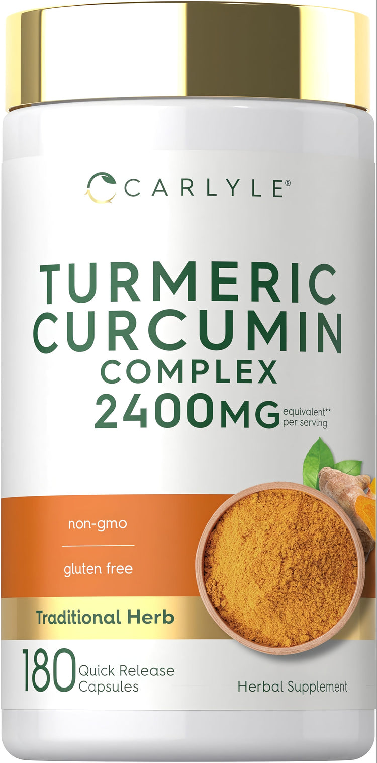 Carlyle Turmeric Curcumin Complex 2400MG is non-GMO and gluten-free, available in 180 quick release capsules.