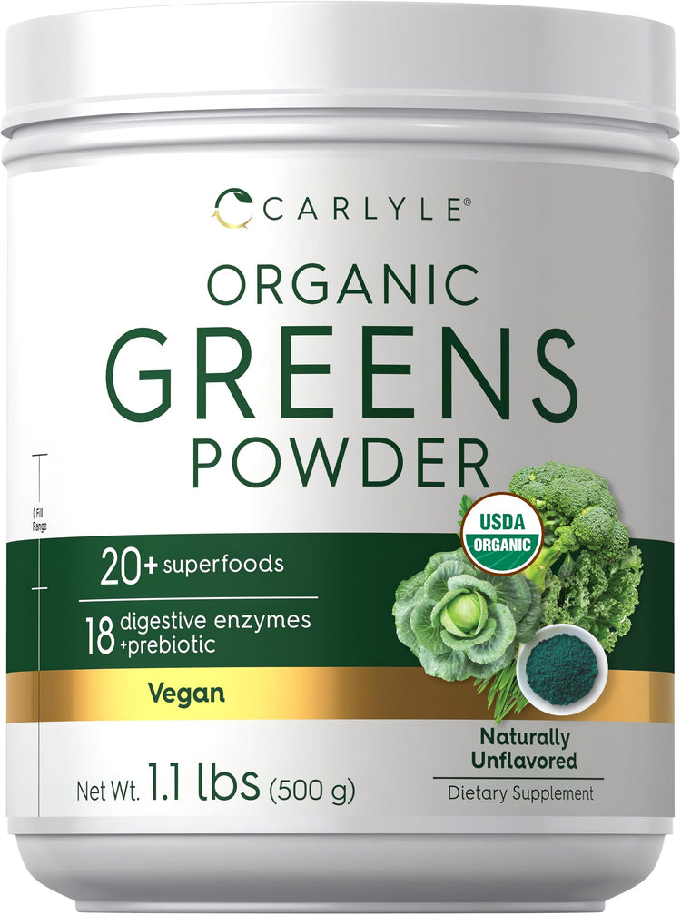 Carlyle Organic Greens, 1.1 lbs, features 20+ superfoods, 18 digestive enzymes, prebiotic, Vegan, USDA Organic, Naturally Unflavored.