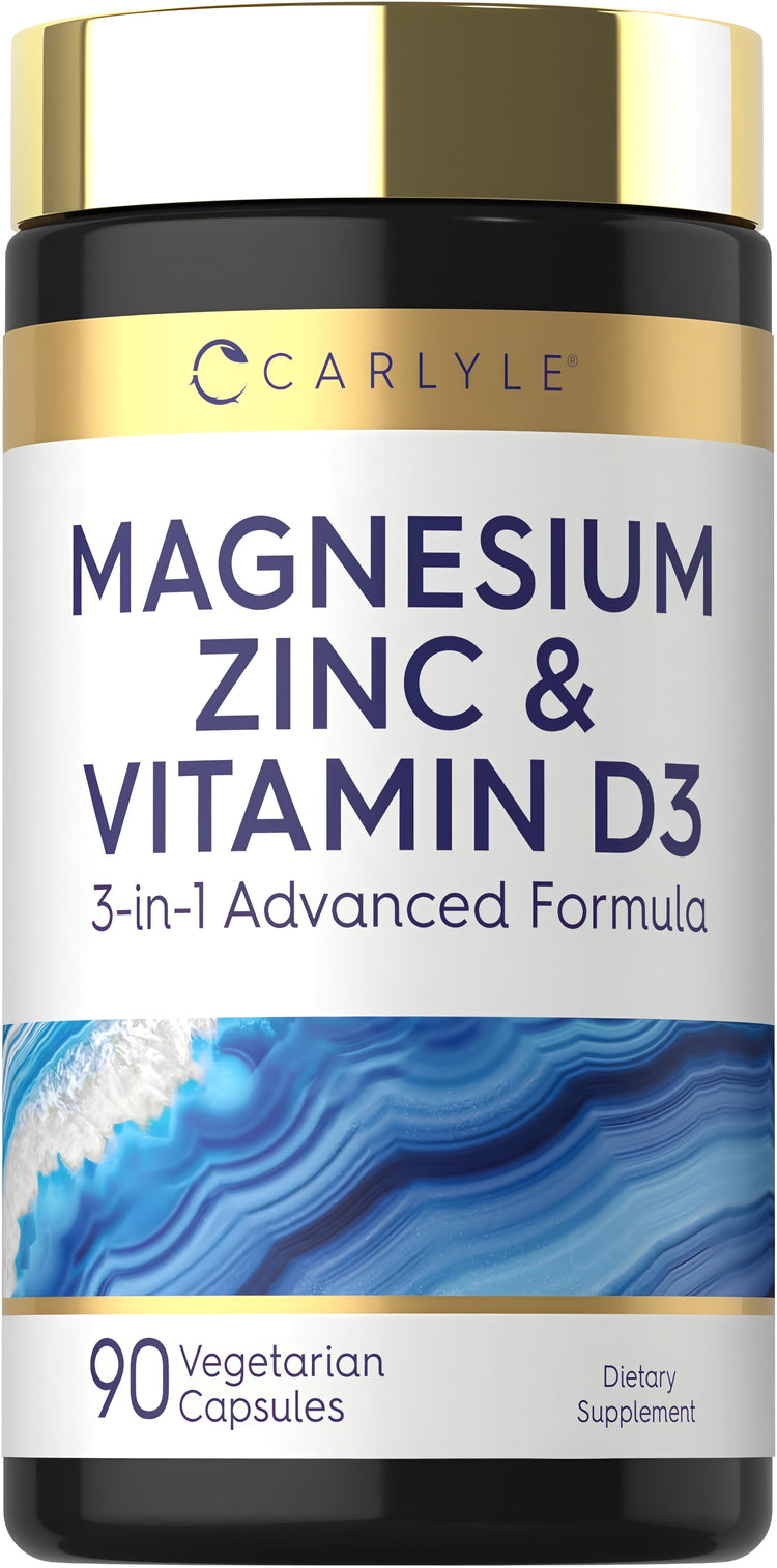 Carlyle Magnesium, Zinc, and Vitamin D3, 3-in-1 Advanced Formula, 90 Vegetarian Capsules bottle.