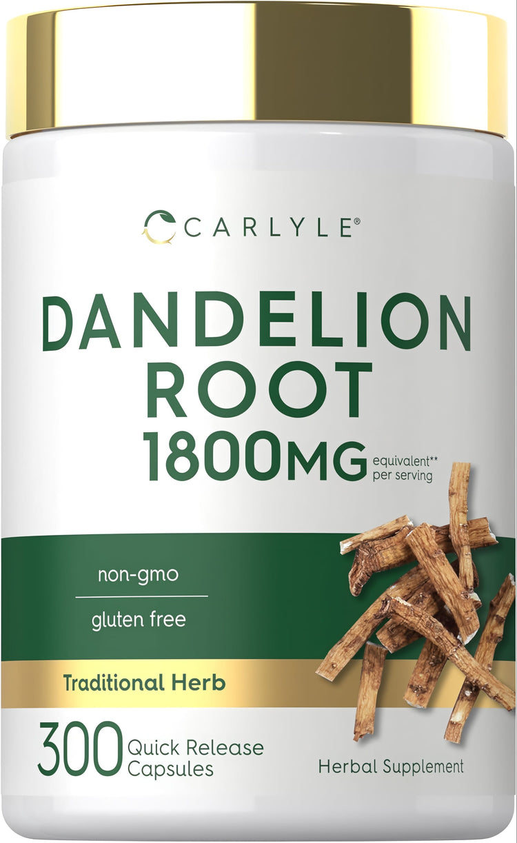 Carlyle Dandelion Root 1800 mg per serving, 300 quick release capsules. Non-GMO, gluten-free herbal supplement.
