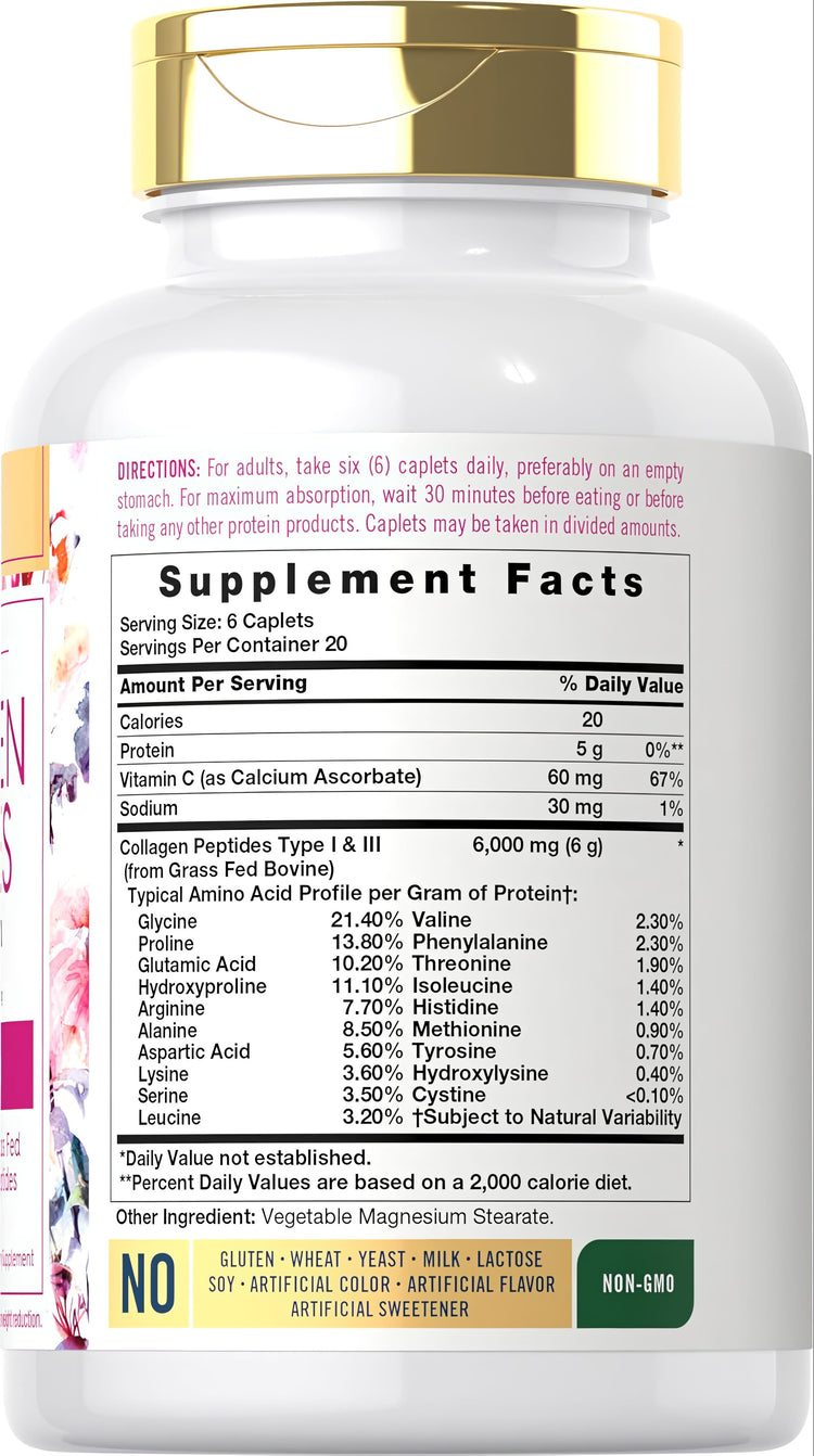 Supplement Facts panel for CL Collagen Peptides 6000 mg plus Vitamin C, 120 caplets.