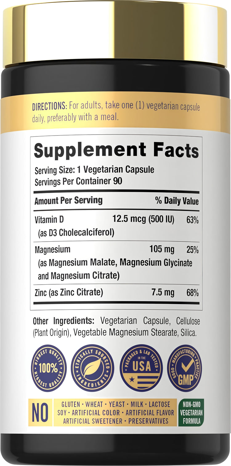 Detailed Supplement Facts for Carlyle Magnesium Zinc and Vitamin D, 90 capsules.