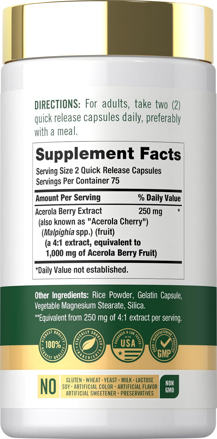 Supplement Facts for Carlyle Acerola Cherry 1000 mg 150 Capsules displayed.