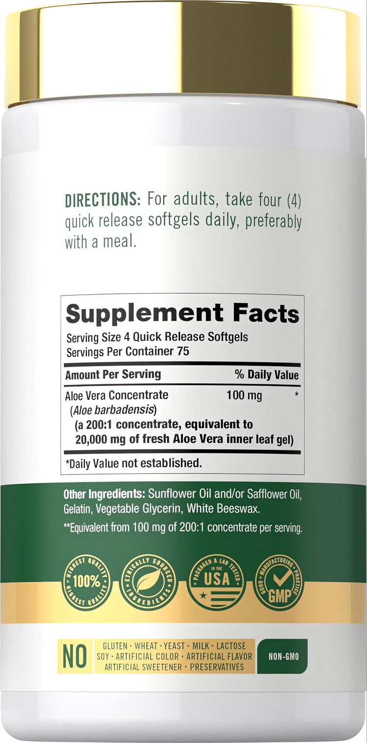 Bottle of Carlyle Aloe Vera 20000 mg with 300 softgels shown.