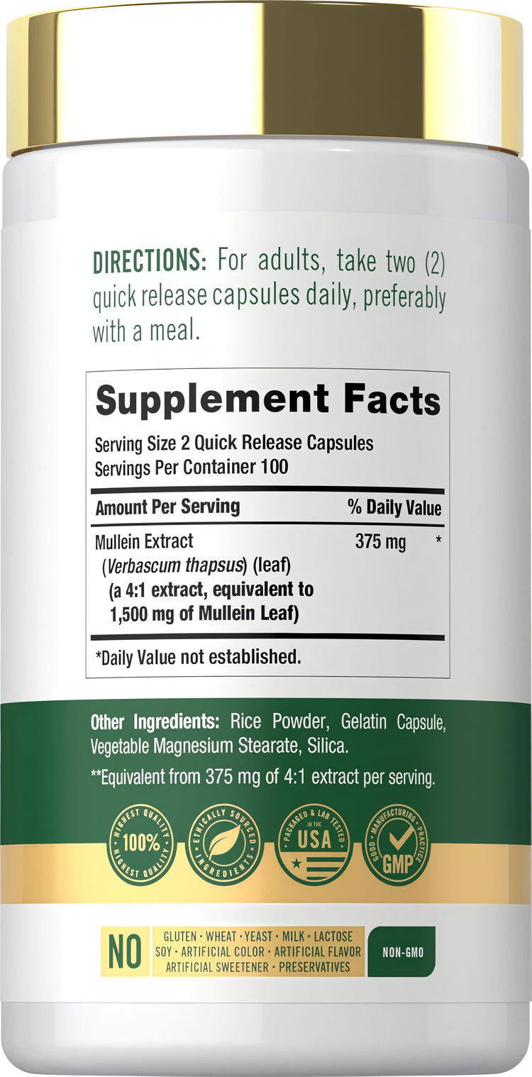Supplement Facts panel for Carlyle Mullein Leaf (Gordolobo) 1500 mg with 200 capsules.