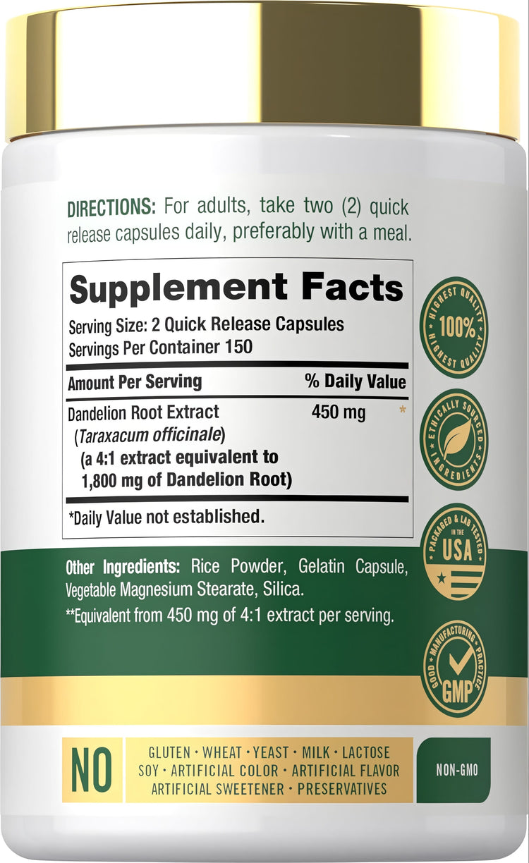 Supplement Facts for Carlyle Dandelion Root capsules, 1800 mg, 300 count.