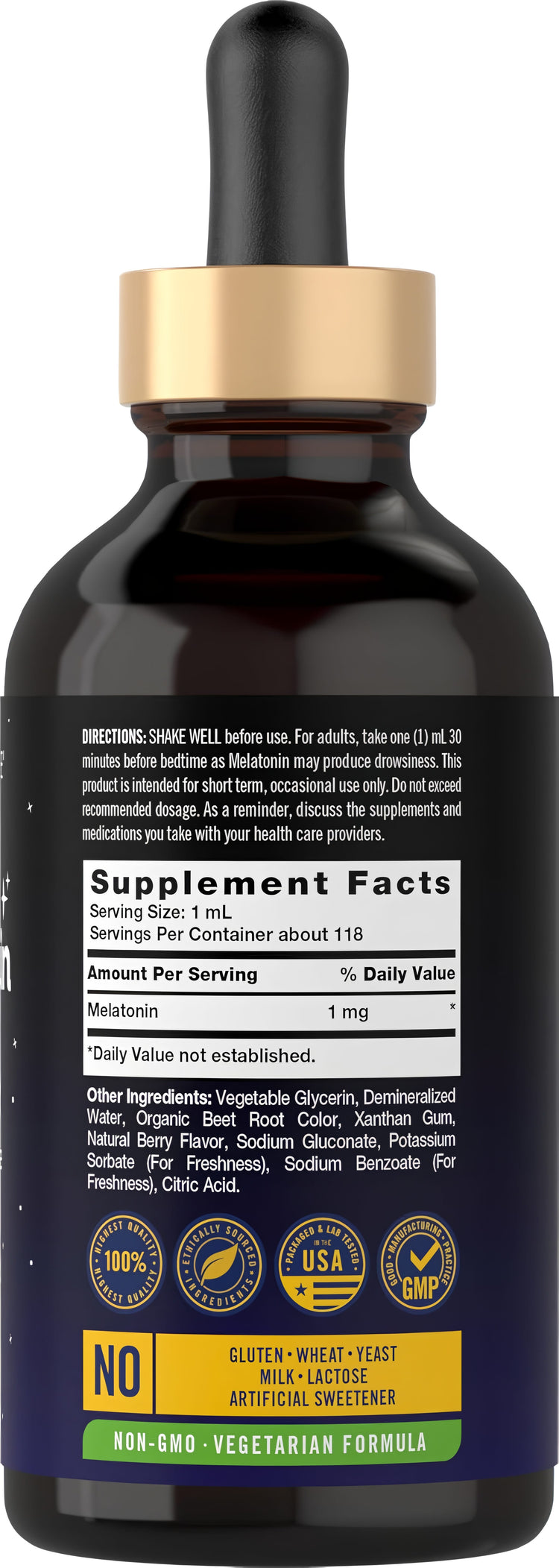 Supplement Facts panel for Carlyle Melatonin Liquid, 1mg, 4 fl oz.