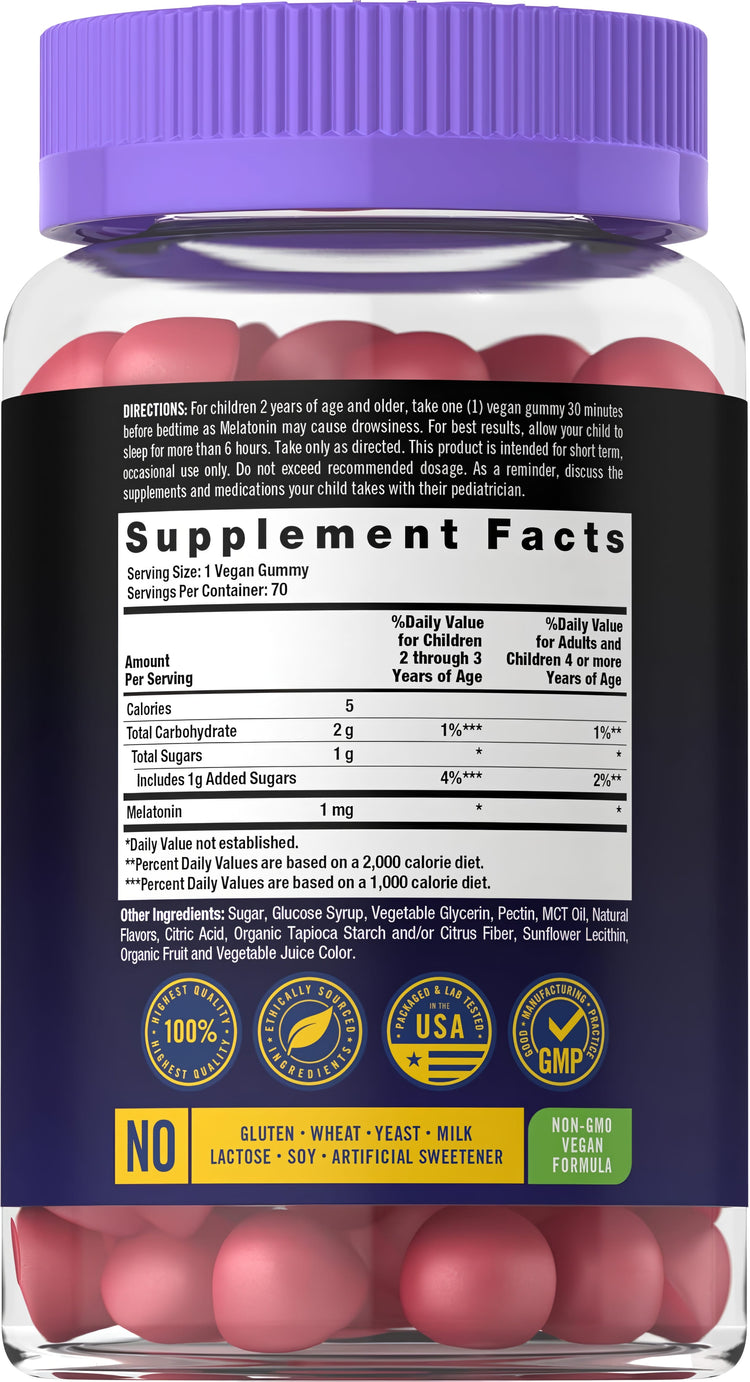 Image of Supplement Facts for Carlyle 1mg Kids Melatonin Gummy, 70 count bottle, detailing nutritional information and ingredients.