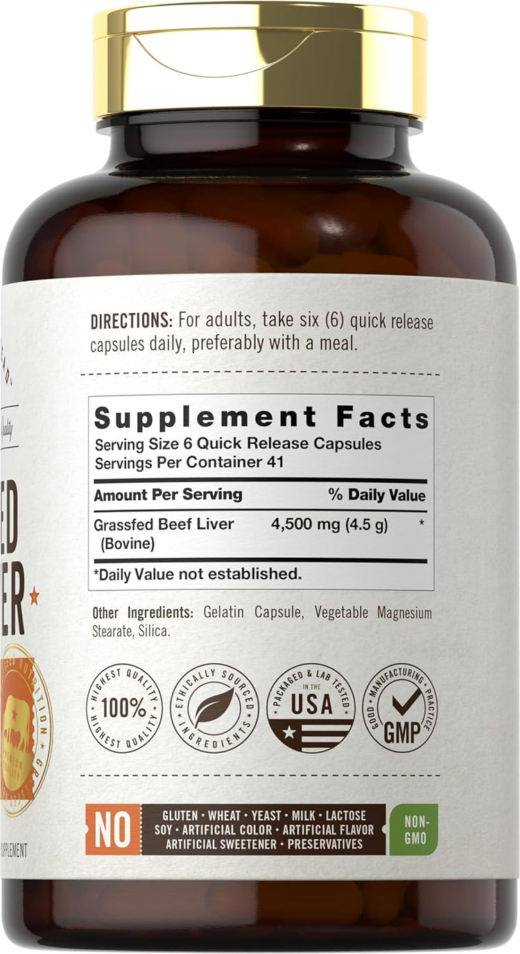 Grass Fed Beef Liver 4500mg per serving | 250 Capsules
