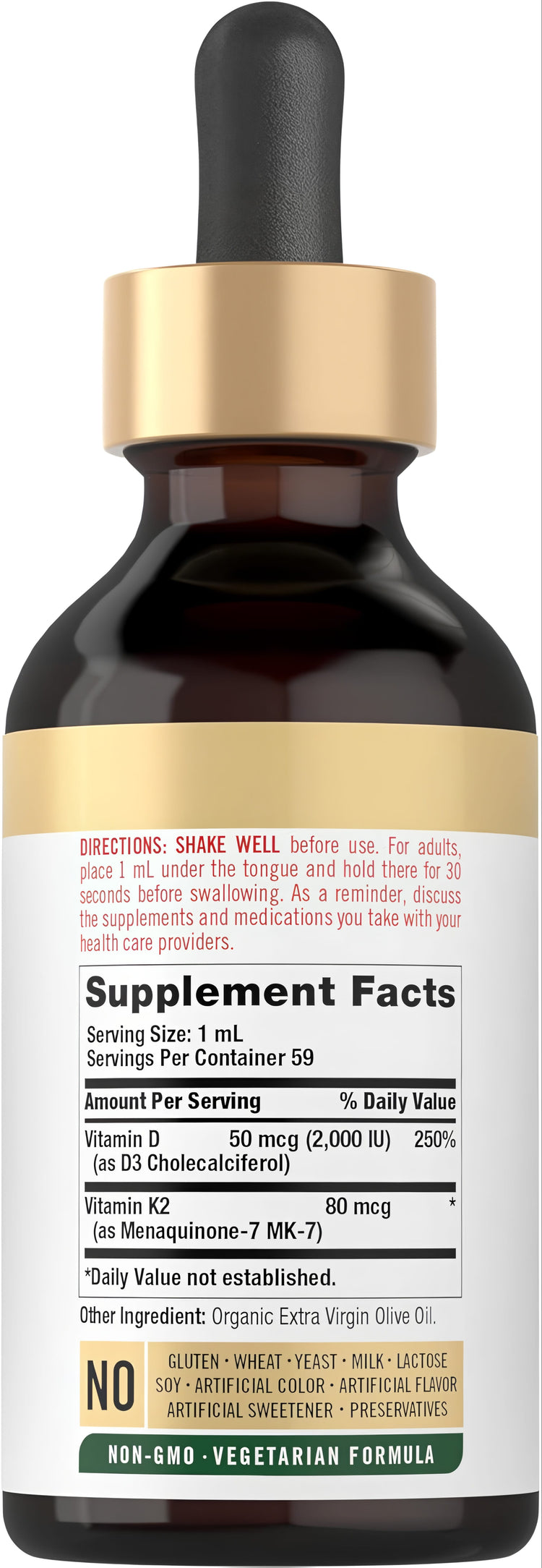 Carlyle Vitamin D 50 mcg (2,000 IU) and Vitamin K2 80 mcg liquid dropper bottle.