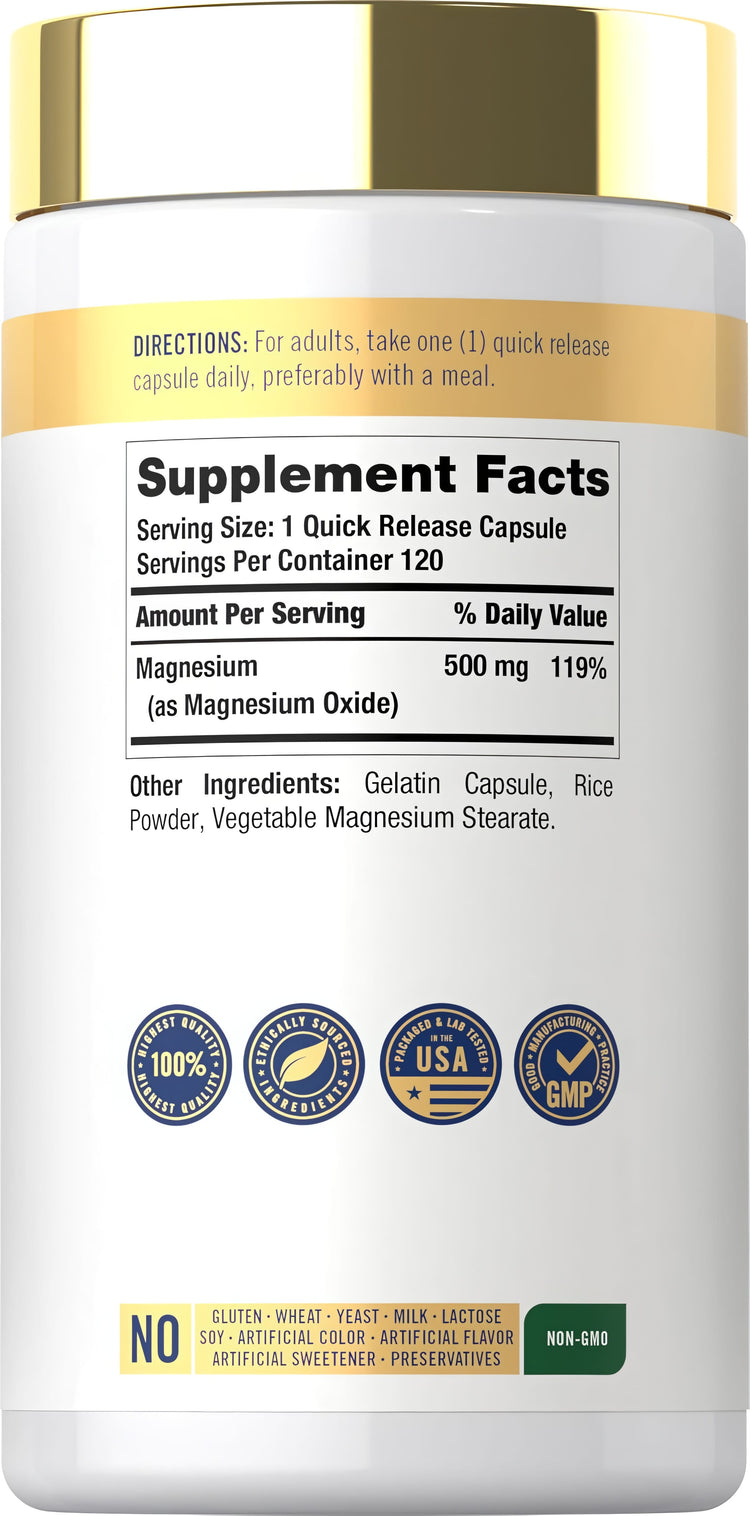 Supplement Facts panel for Carlyle Magnesium Oxide 500 mg, 120 capsules.