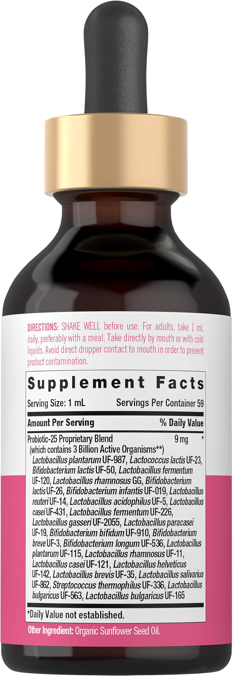 Supplement Facts panel showing Carlyle Liquid Probiotic with 3 billion CFU per ml, 2 fl oz size.