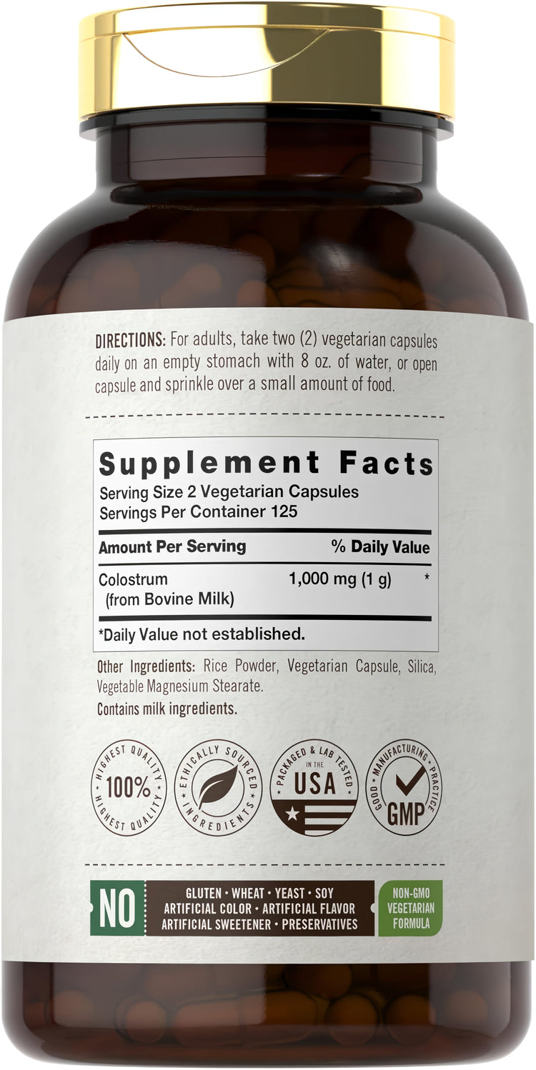 Supplement Facts panel for Carlyle Colostrum with 30% IGG, 1000 mg, in a 250-capsule bottle.