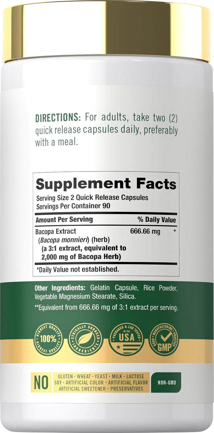 Image showing Supplement Facts panel for Bacopa Monnieri 2000mg, 180 Capsules.