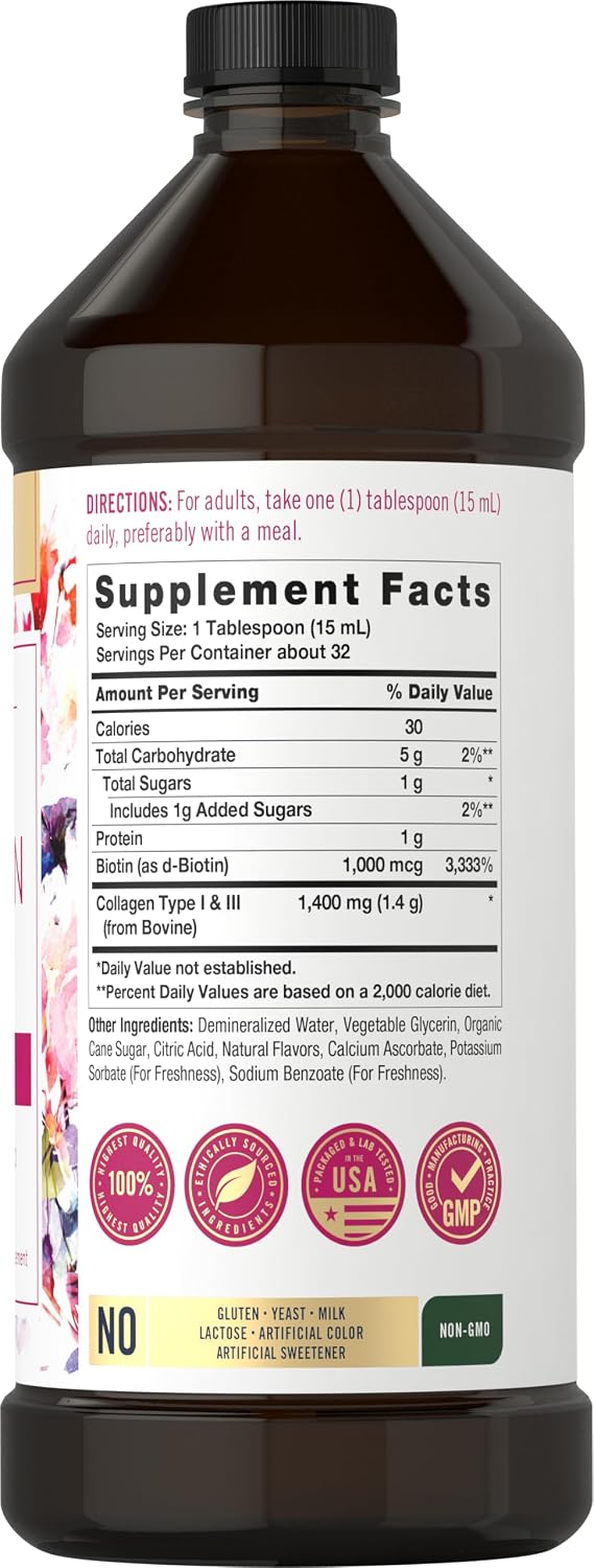 Collagen bottle with icons indicating: Gluten Free, Yeast Free, Milk Free, Lactose Free, No Artificial Color, No Sweetener, Non-GMO.