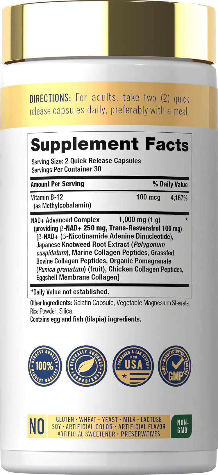 Supplement Facts panel for NAD Collagen Resveratrol, 60 capsules.