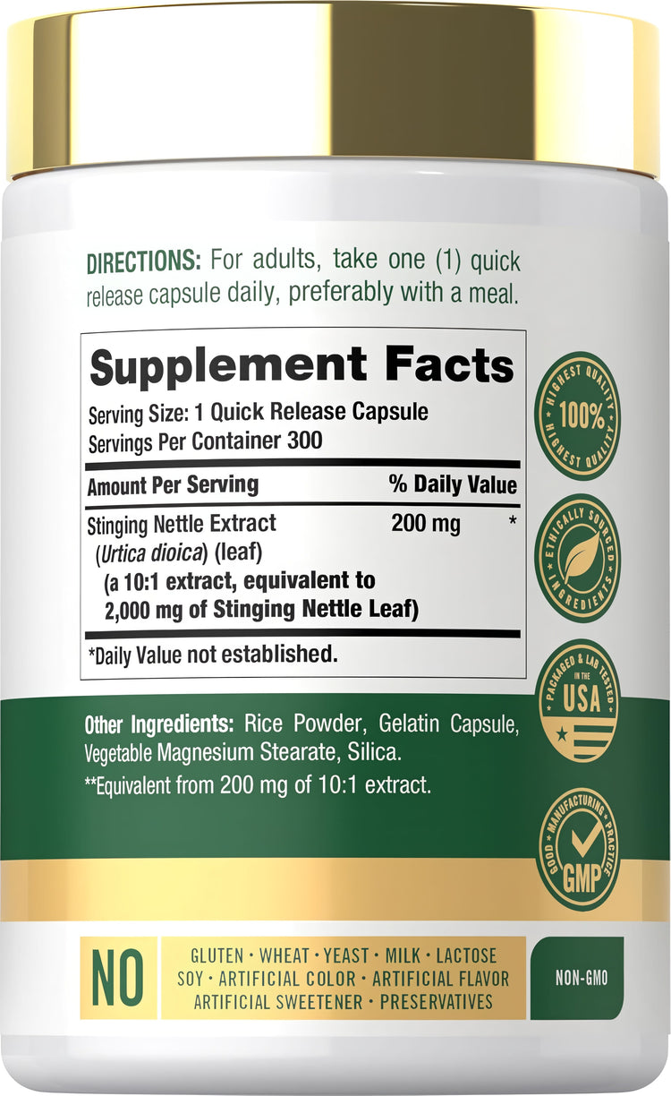 Supplement Facts label for Carlyle Stinging Nettles 2000 mg, 300 Capsules.