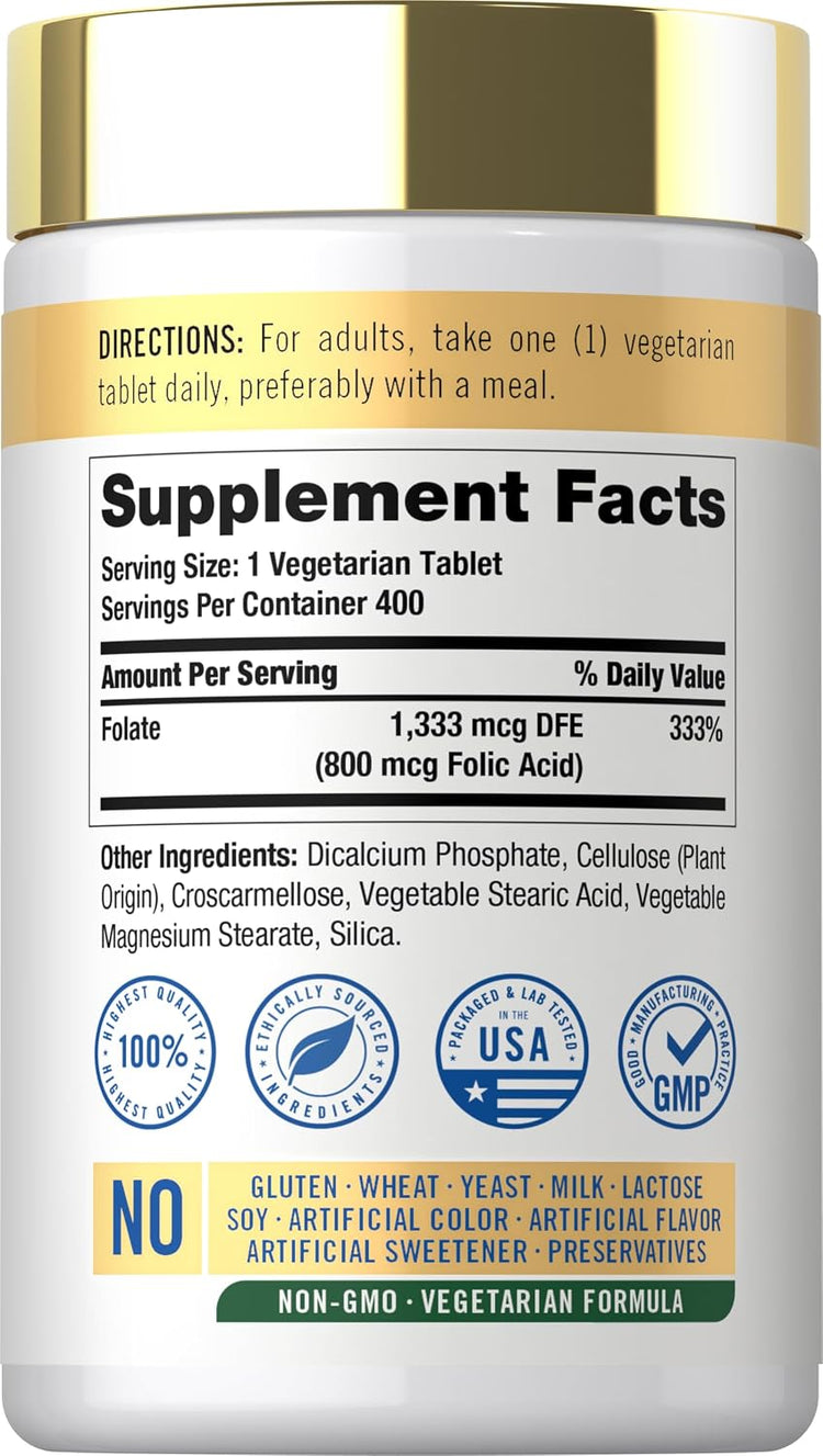 Supplement Facts panel for Carlyle Folic Acid 800 mcg with 400 tablets included.