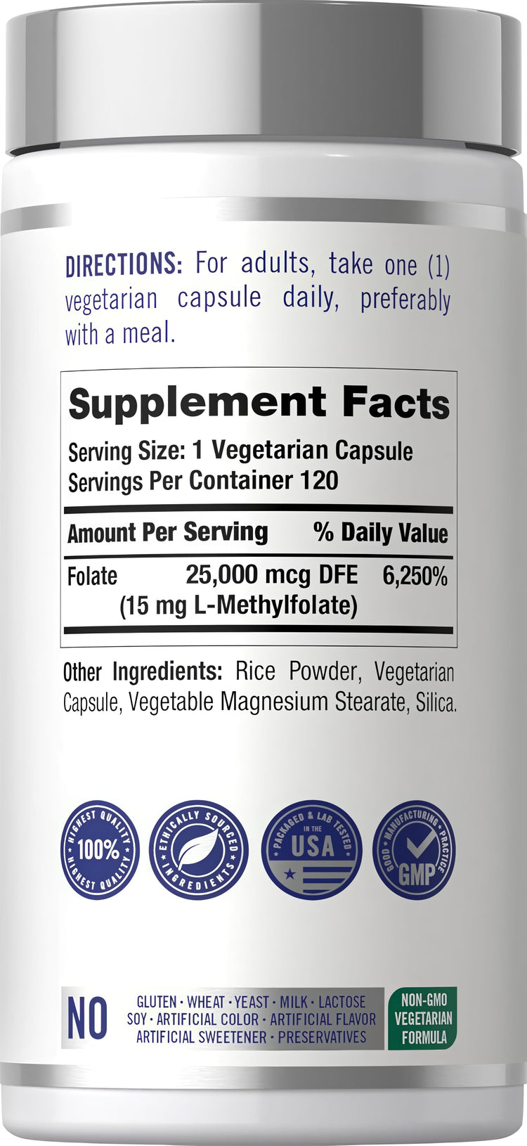 Supplement Facts panel for CL L-Methylfolate 15 mg with 120 capsules in the bottle.