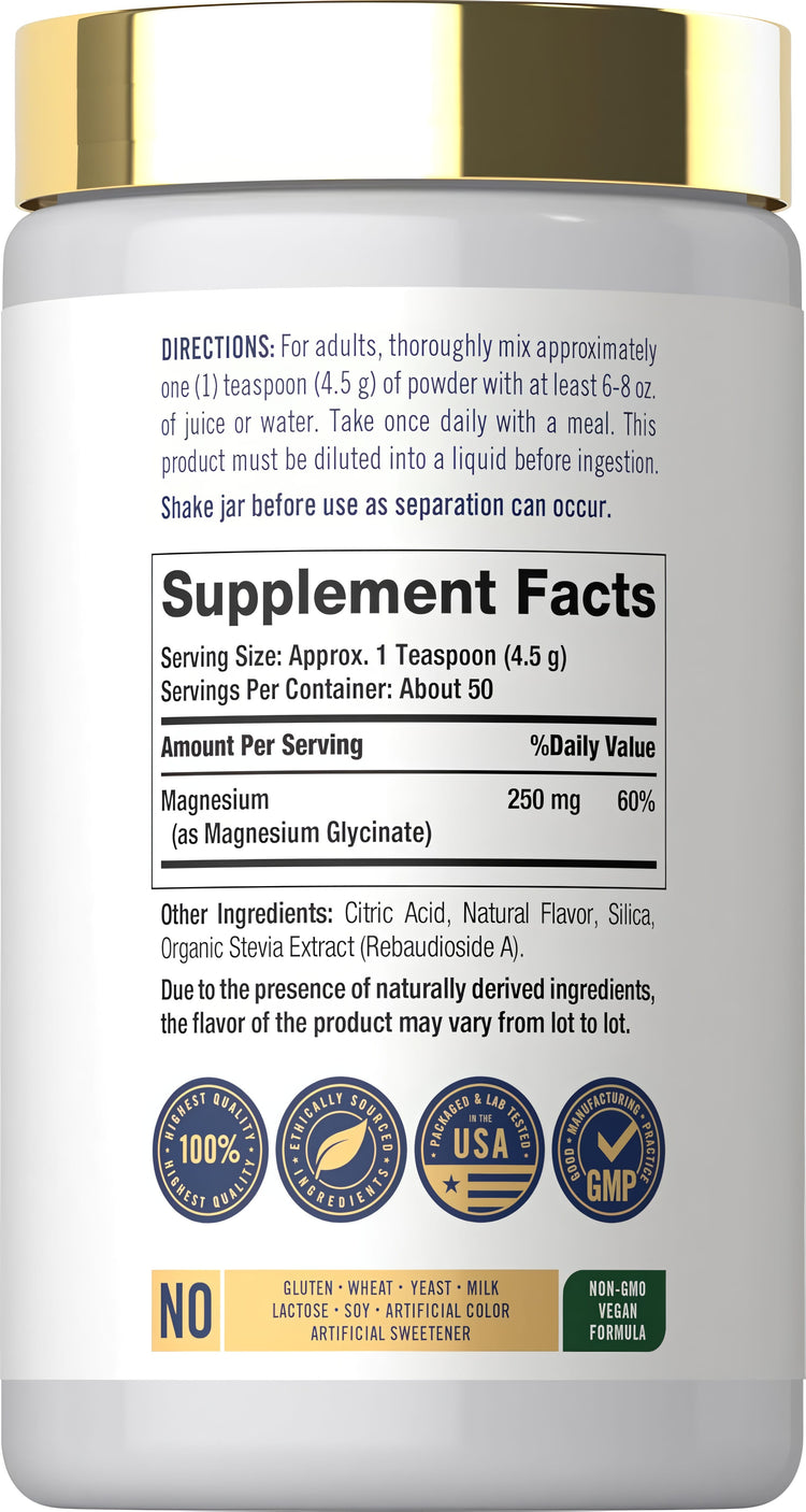 Image of the Supplement Facts panel for Magnesium Bisglycinate Powder, 8 oz, detailing ingredients and nutritional information.