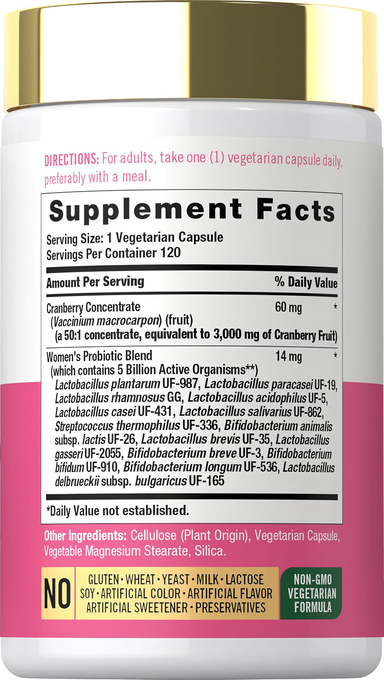 Supplement Facts panel for Carlyle Women's Cranberry plus Probiotics, detailing nutritional information and ingredient list.