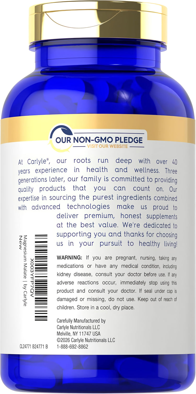 Carlyle Magnesium Malate 1800 mg 420 Coated Caplets back label showing 'OUR NON-GMO PLEDGE' and warning information.