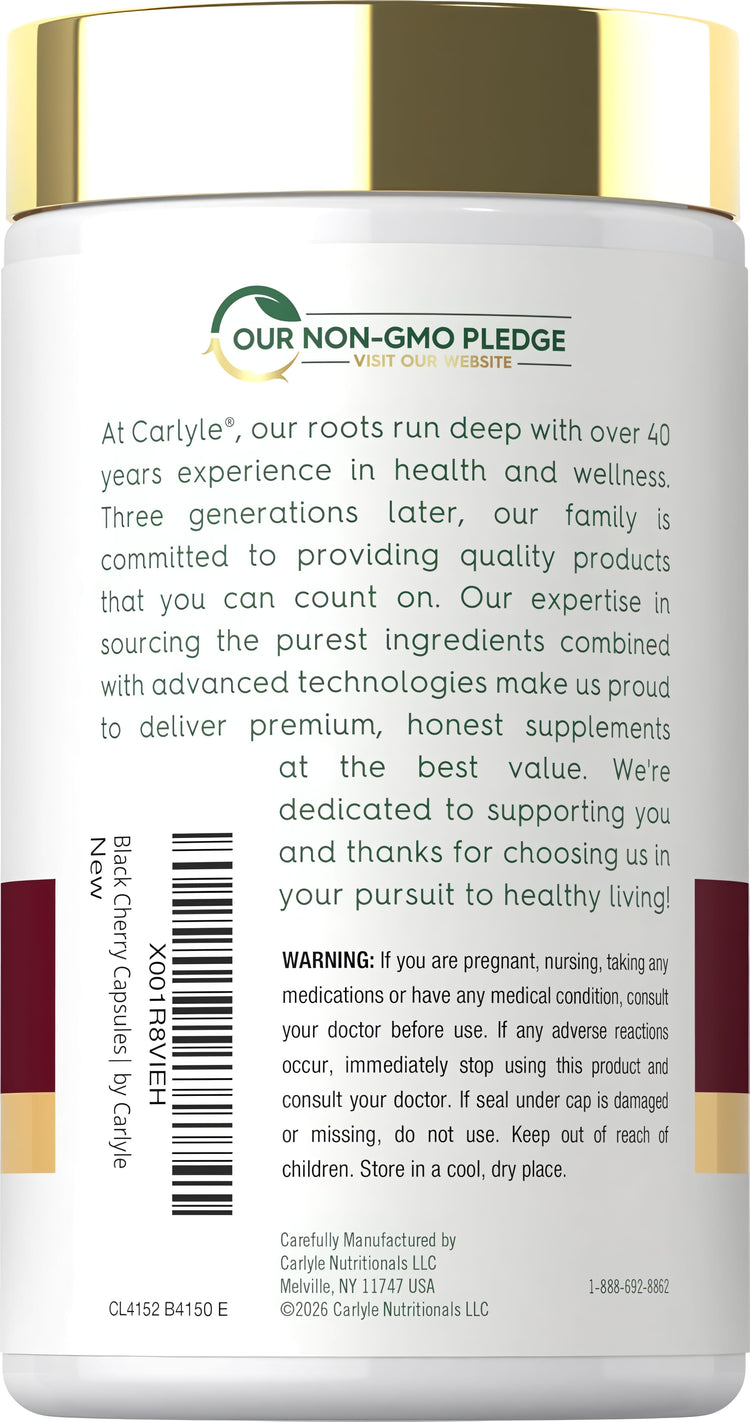 Carlyle's CL Black Cherry 2800 mg, 240 Capsules back label showing non-GMO pledge and company values.
