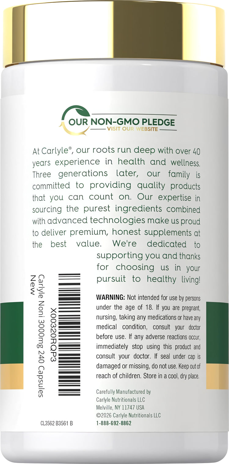 Carlyle Noni 3000mg supplement bottle with 240 capsules for health support.