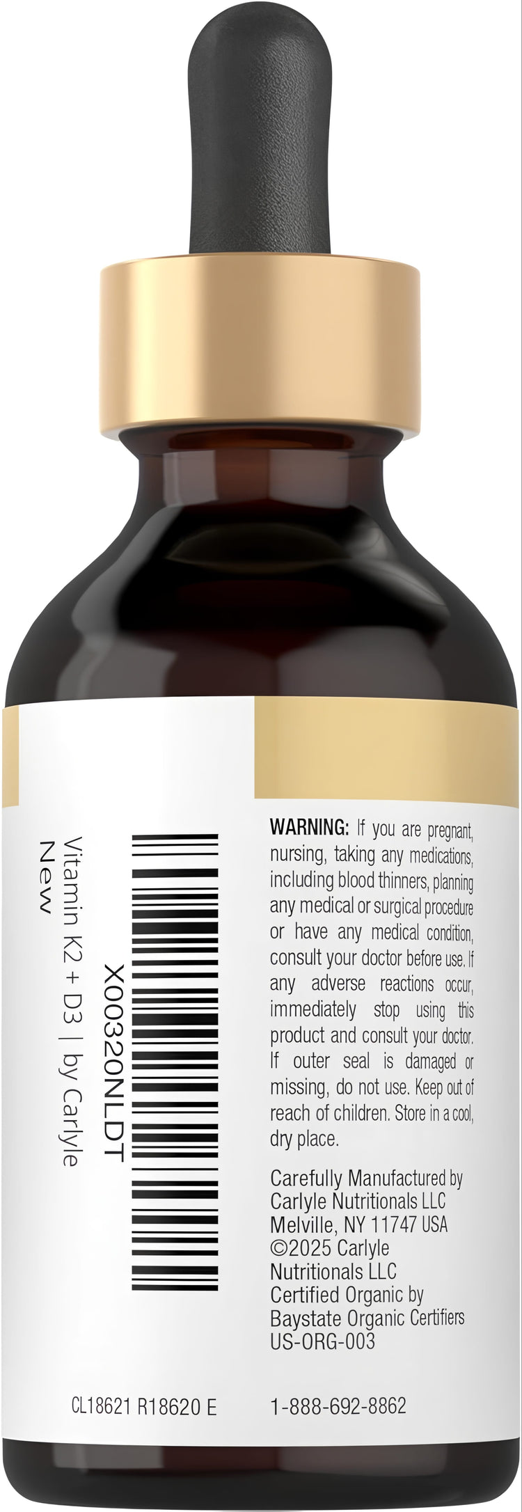 Carlyle Vitamin K2 80 mcg plus D3 800IU liquid supplement in a 2 oz bottle.