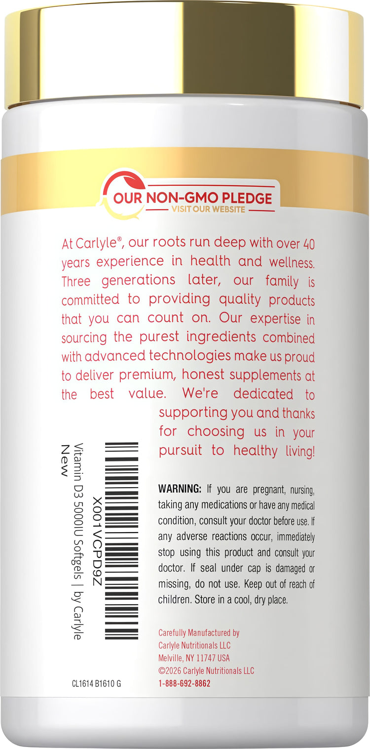 Carlyle CL D3 5000 IU Softgels bottle, back view showing Non-GMO Pledge, Carlyle brand message, and a warning label.