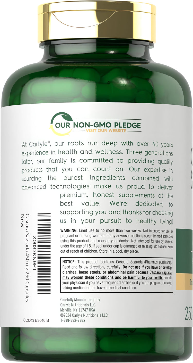Carlyle Cascara Sagrada 450 mg capsules, 250 count, Non-GMO, dietary supplement.